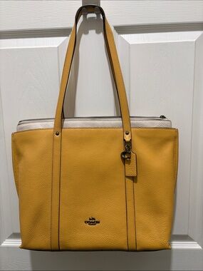 Coach Pebbled Leather Tote in Mustard Yellow with Cream Trim